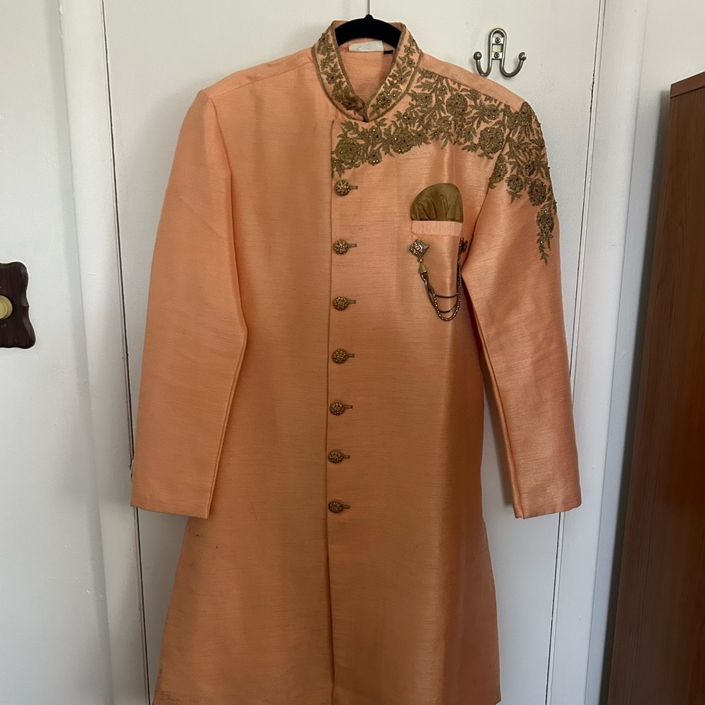 Embroidered Peach Sherwani Men’s Indian Kurta Size 36